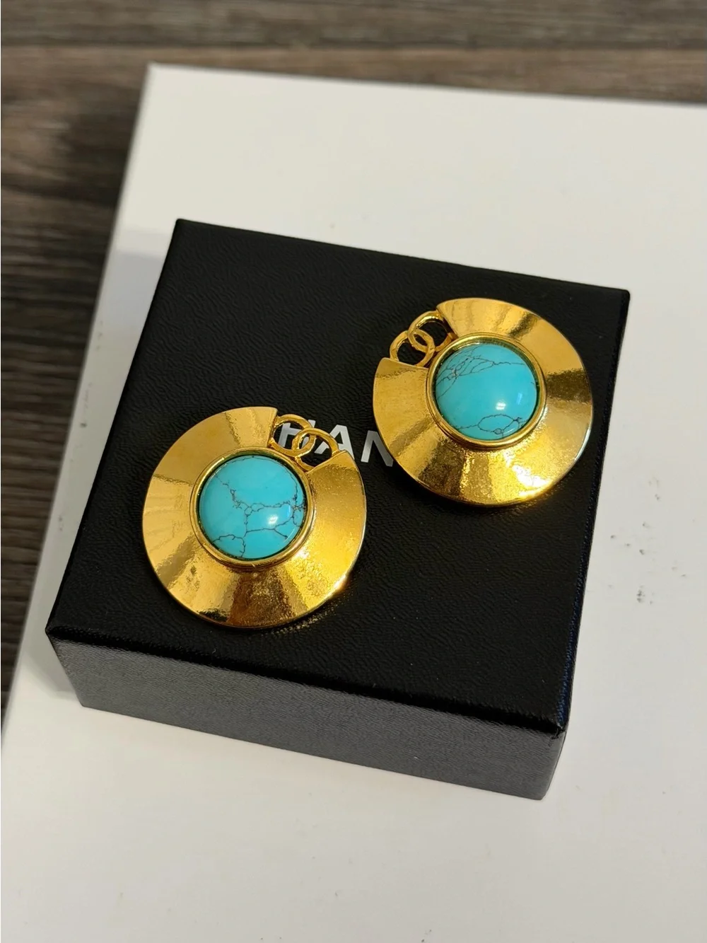 Chanel Vintage Gold Turquoise Stone CC Clip On Earrings